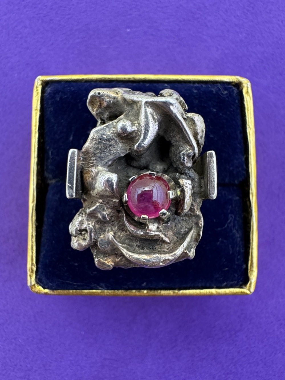 💛 Vintage Brutalist Sterling Silver Ruby Ring | Mid-Century Statement | Unique